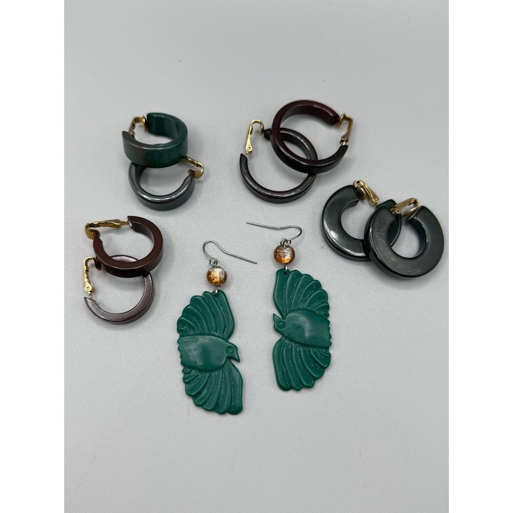Vintage KIM Clip On Earrings Lot Of 5 Lucite Hoop Green Brown Signed Retro